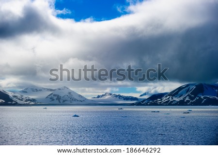 Icebergs floating in a fjord in the Arctic circle, Hornsund, Norway