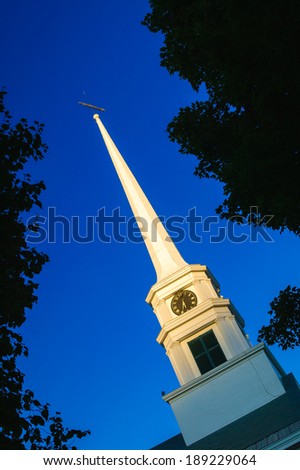 Closeup details of the Stowe Community Church Steeple in picturesque Stowe, Vermont, USA