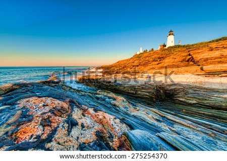 Early morning sunrise at the Pemaquid Point Lighthouse in Maine, USA.