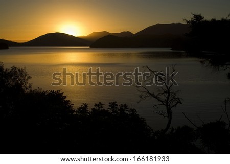 Kenepuru Sound, sinking sun over the bays and islands of Kenepuru Sound, Marlborough Sounds, South Island, New Zealand