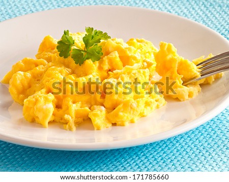 Scrambled eggs on a plate.