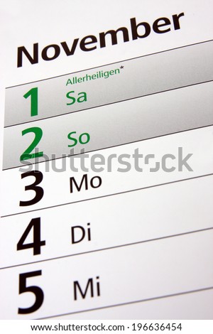 All Saints\' Day in a german calendar