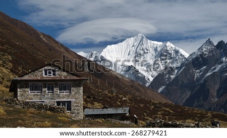 Lodge and snow capped Yala Peak