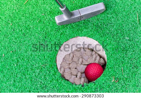 Close-up Mini Golf hole with bat and ball