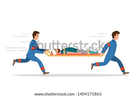 ambulance emergency medical service. staff is carrying patient in stretcher.flat style vector illustration ストックフォト © 