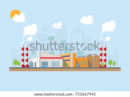 Industrial factory in a flat style.Vector and illustration of manufacturing building.Eco style concept.City landscape