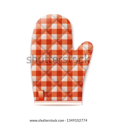 Checkered Red Textile Cooking Glove Isolated On White Background. Top View. 3d Photo Realistic Vector Illustration 