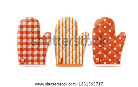 Set Of Textile Cooking Gloves Isolated On White Background. Top View. 3d Photo Realistic Vector Illustration 