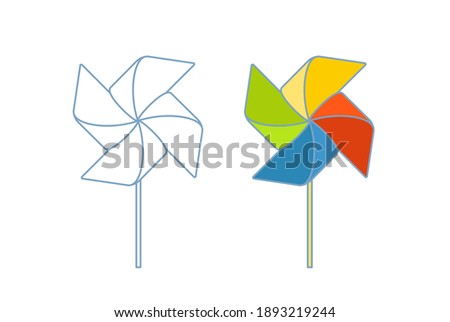 Paper Windmill. Outline And Colorful Simple Symbols Isolated On White Background