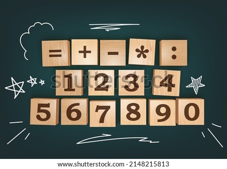 Numbers And Math Signs Wooden Blocks Lying On Chalkboard Desk. 3d Photo Realistic Vector Illustration. Top Perspective View