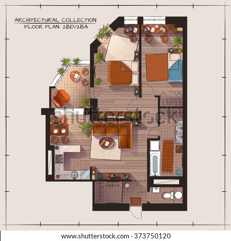 Architectural Color Floor Plan.Two Bedrooms Apartment