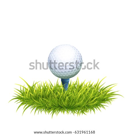 Vector Photo Realistic Illustration Of White Golf Ball And Tee In The Green Grass. Close Up View. 