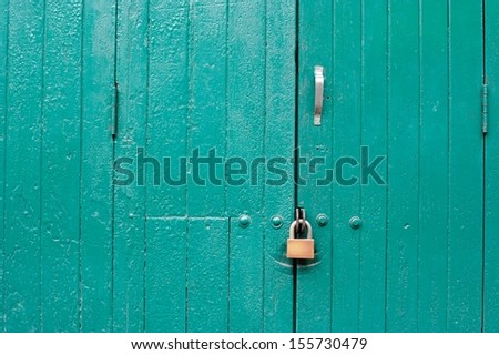 old iron lock with bolt on the green door
