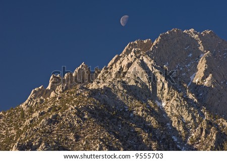 Lone Pine Peak and moon Eastern Sierra Nevada Mountains, California, USA