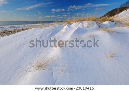 Winter, Saugatuck Dunes State Park with drifted, fresh snow , Lake Michigan, Michigan, USA
