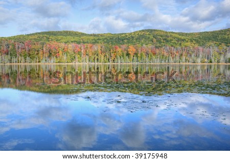 Autumn shoreline of Tucker Lake with beautiful reflections in calm water, Sleeping Bear Dunes National Lakeshore, Michigan, USA