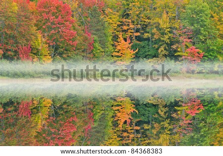 Autumn, Courtney Lake with reflections of trees and light fog, Michigan\'s Upper Peninsula, USA