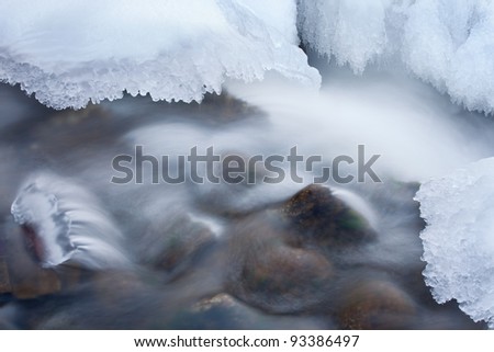 Winter creek captured with motion blur and framed by ice, Michigan, USA