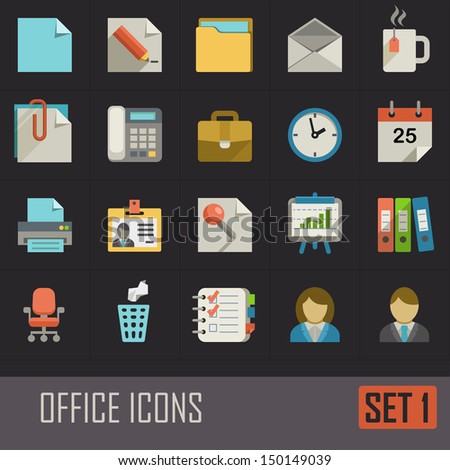 Collection of flat office icons on dark background