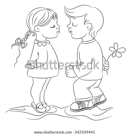 Boy And Girl. Kiss. Children. Love. First Kiss. Sketch. Vector. Line ...