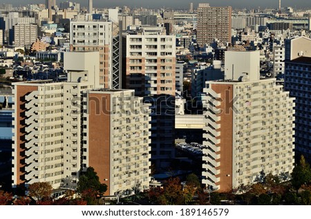 KOMATSUGAWA, TOKYO - NOVEMBER 18: Large housing complex in Edogawa Ward on November 18, 2013. In the eastern area of Tokyo, residential developments were very common in the post World War II period.