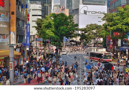 SHIBUYA, TOKYO - MAY 6: Crowded Dogenzaka Street of Shibuya in Tokyo on May 6, 2013. One of the most crowded street in Japan. Tons of restaurants, bars and clothing shops gather in this street.