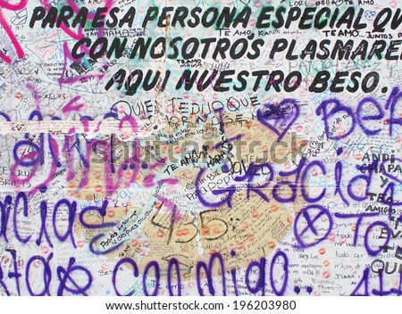 AGUASCALIENTES, MEXICO - SEPTEMBER 15: Muro del beso or Wall of kiss in Aguascalientes city on September 15, 2013. Everybody can leave a kiss or message of love, friendship, etc. on this wall.