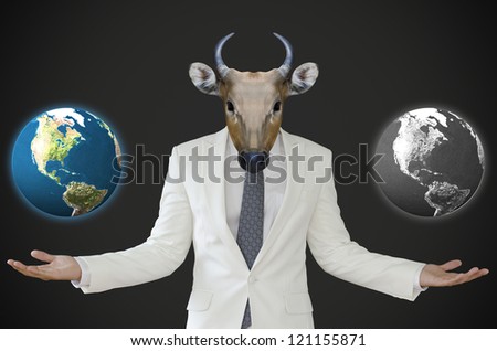 a photo of a businessman with banteng head. This photo describe the choice of good or bad world.(Elements of this image furnished by NASA)