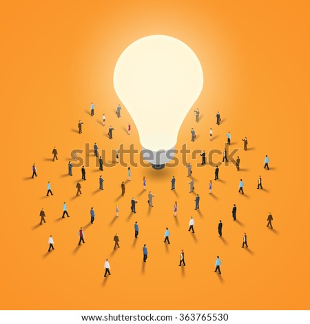 A group of people walking to a light bulb. It 's a brainstorm, inspiration, idea business concept. Isometric illustration vector EPS 10.