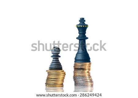 Chess pieces on a stack of coins in the Colors of Greece and the EU