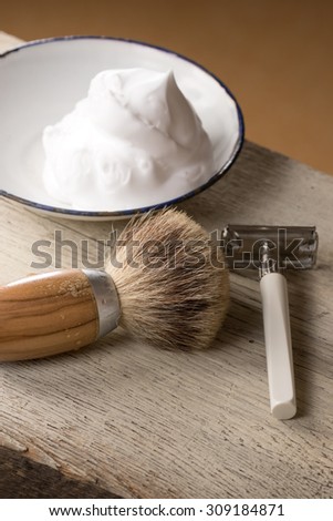 vintage wet shaving Equipment on wooden Table