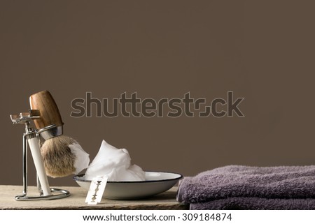 vintage wet shaving Equipment on wooden Table