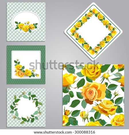 Set for design and scrapbook. Seamless Vintage Flower Backgrounds.Frame with flowers. Yellow roses motifs.Vector illustration.