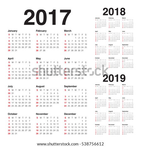 Simple Calendar Template For 2017, 2018 And 2019 Stock Vector ...