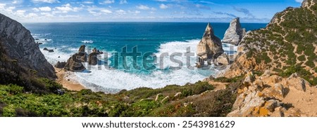 Similar – Image, Stock Photo Sandy seashore near hill with houses under cloudy sky