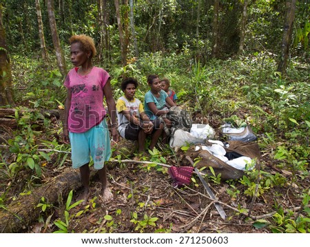 The jungle, Indonesia - January 16, 2015: Residents of a distant jungle in their natural environment. Korowaya tribe. Builders of houses in the trees.