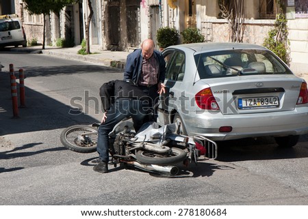 Athens, Greece- April 03, 2015: One of many car collisions on a street of Athens