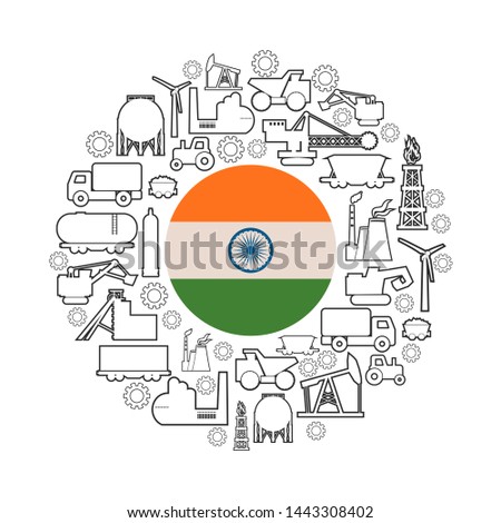 Concept of industrial plant and manufacture building. Energy generation and heavy industry. Brochure or cover design template. Circle frame with industrial thin line icons. Flag of the India