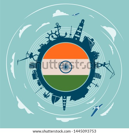 Circle with sea shipping and travel silhouettes. Objects located around the circle. Flag of the India in the center of circle. Cloudscape with airplanes