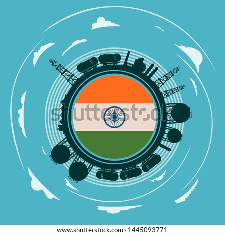 Circle with energy relative silhouettes. Objects located around circle. Flag of the India in the center of circle. Modern brochure, report or leaflet design template.