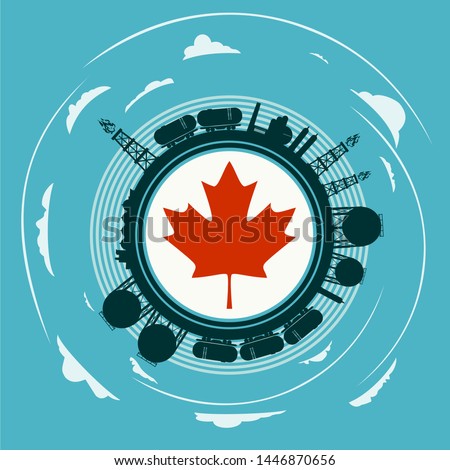 Circle with energy relative silhouettes. Objects located around circle. Flag of the Canada in the center of circle. Modern brochure, report or leaflet design template.