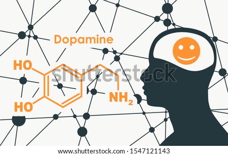 Chemical molecular formula hormone dopamine. Silhouette of a man head. Connected lines with dots background