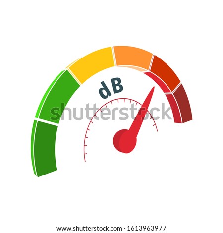 A device for measuring the sound intensity in decibels. Infographic gauge element. Isometric level scale from green to red with arrow.