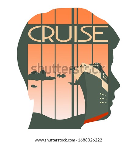 Double exposure portrait of young man and seascape with large transoceanic cruise ship at sunset. Travel concept