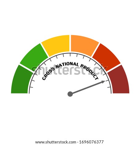 GNP - Gross National Product progress. Scale with arrow. The measuring device icon. Sign tachometer, speedometer, indicators. Infographic gauge element.