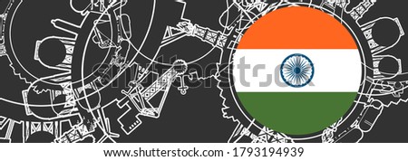 Concept of industrial design. Energy and power icons set. Energy generation, transportation and heavy industry. Brochure, report or cover design template. Thin lines style. Flag of India