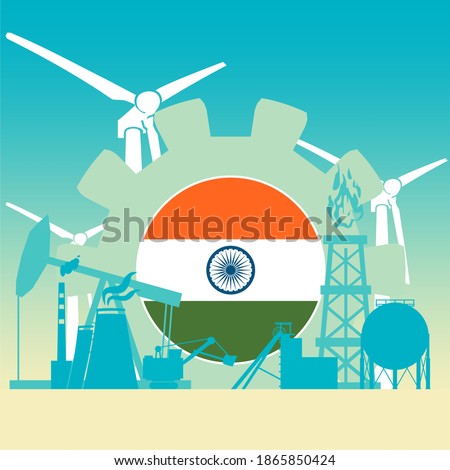 Energy and power icons set with flag of India. Sustainable energy generation and heavy industry.