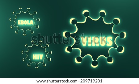 ebola, hiv, virus neon shine text on abstract viruses icons