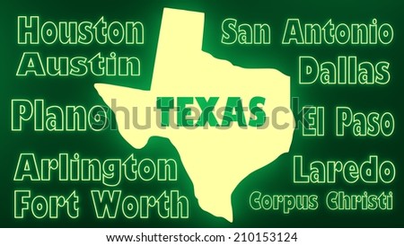 texes state neon shine outline map with cities names on backdrop