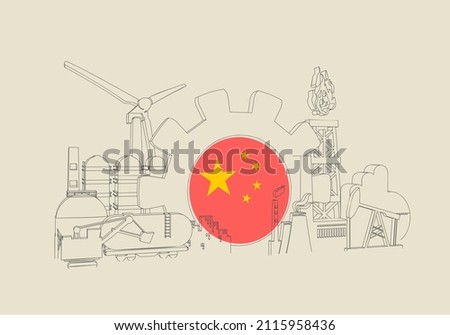 Energy and power industrial concept. Industrial icons and gear with flag of China.